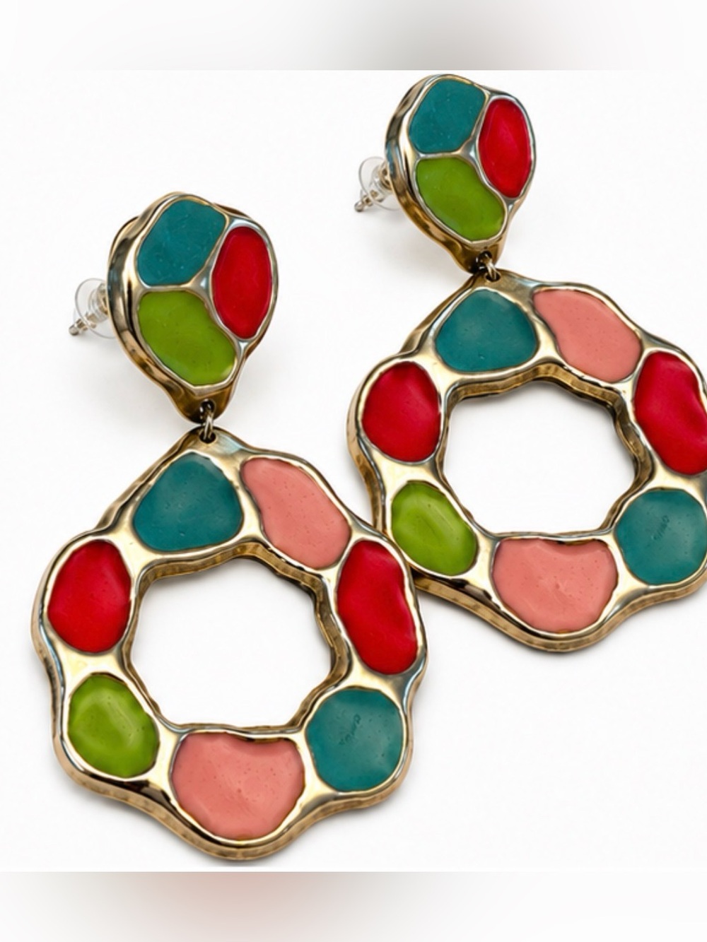 Vintage Multicolor Enamel Open Hoop Statement Earrings | Stud Post | Silver-Tone